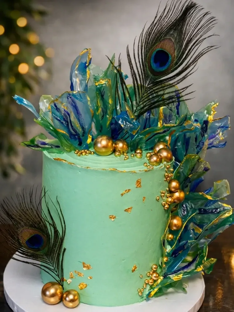 An elegant tiered cake decorated with feathers